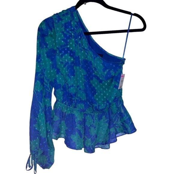 VICI Blue Green One Shoulder Floral Peplum Blouse Top XS NWT - Picture 5 of 9